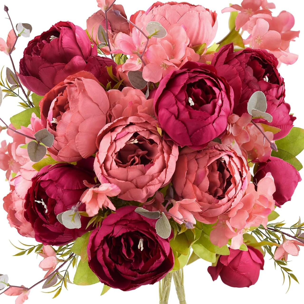 Country Barn Red Peony Bouquets – 2 Bundles of Artificial Silk Flowers with Hydrangeas for Wedding Centerpieces & Home Décor